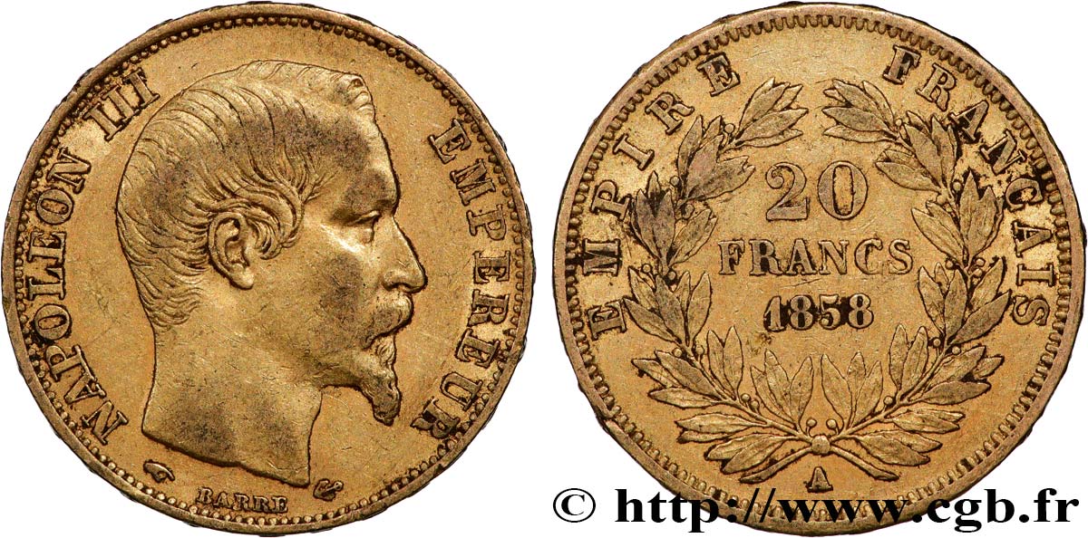 20 francs or Napoléon III, tête nue 1858 Paris F.531/13 XF 
