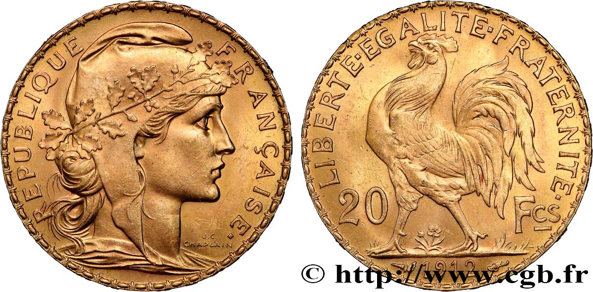 20 francs or Coq, Liberté Égalité Fraternité 1912 Paris F.535/6 SUP+ 