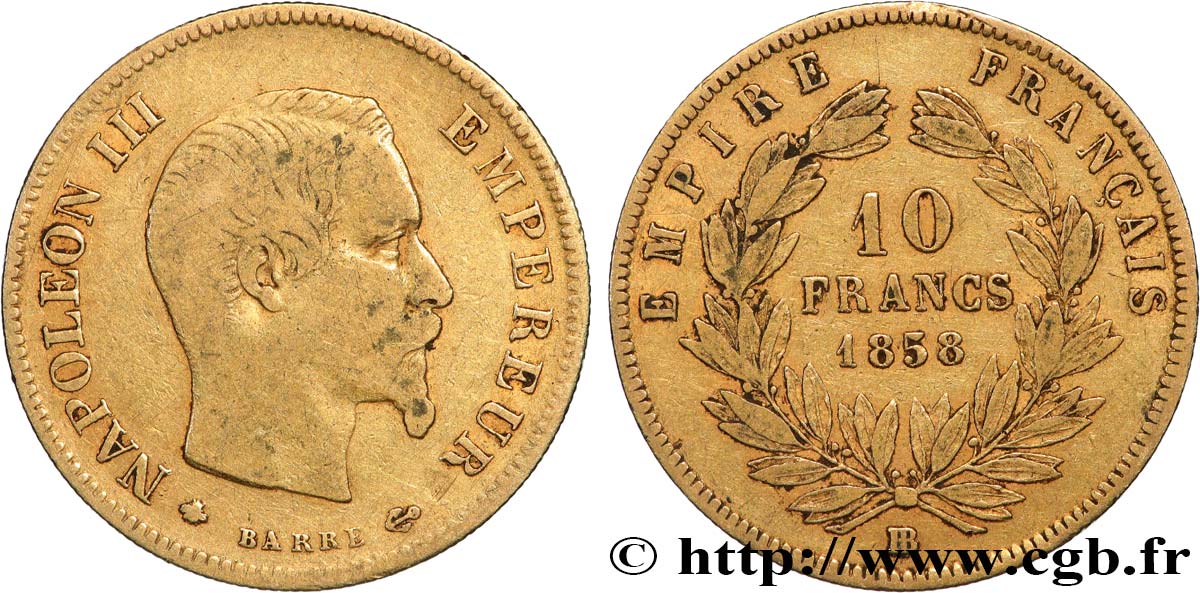 10 francs or Napoléon III, tête nue, grand module 1858 Strasbourg F.506/6 VF 
