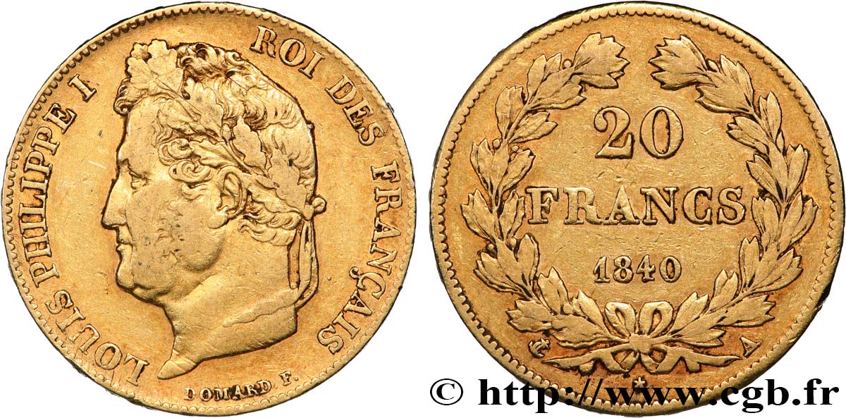 20 francs or Louis-Philippe, Domard 1840 Paris F.527/22 VF 