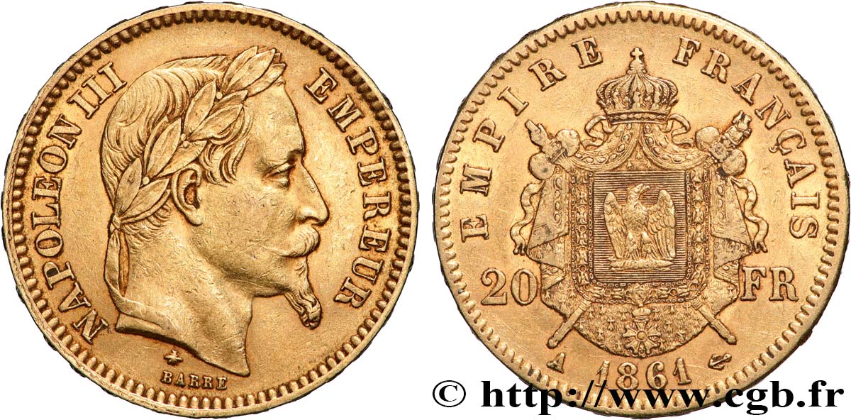 20 francs or Napoléon III, tête laurée 1861 Paris F.532/1 MBC 