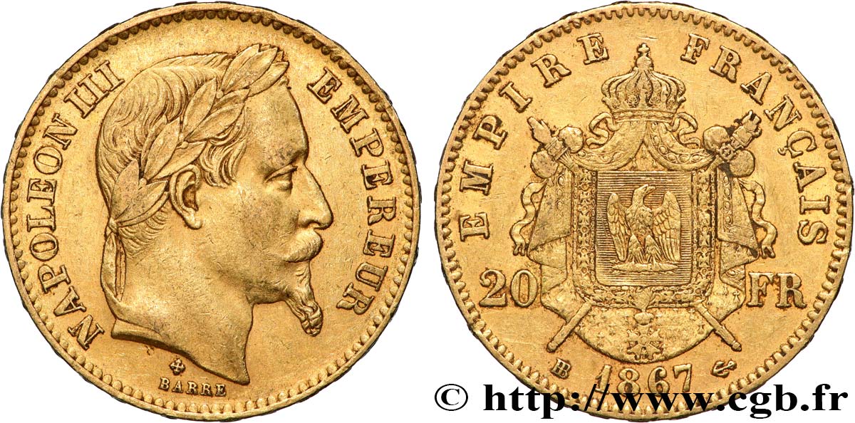 20 francs or Napoléon III, tête laurée 1867 Strasbourg F.532/16 TTB 