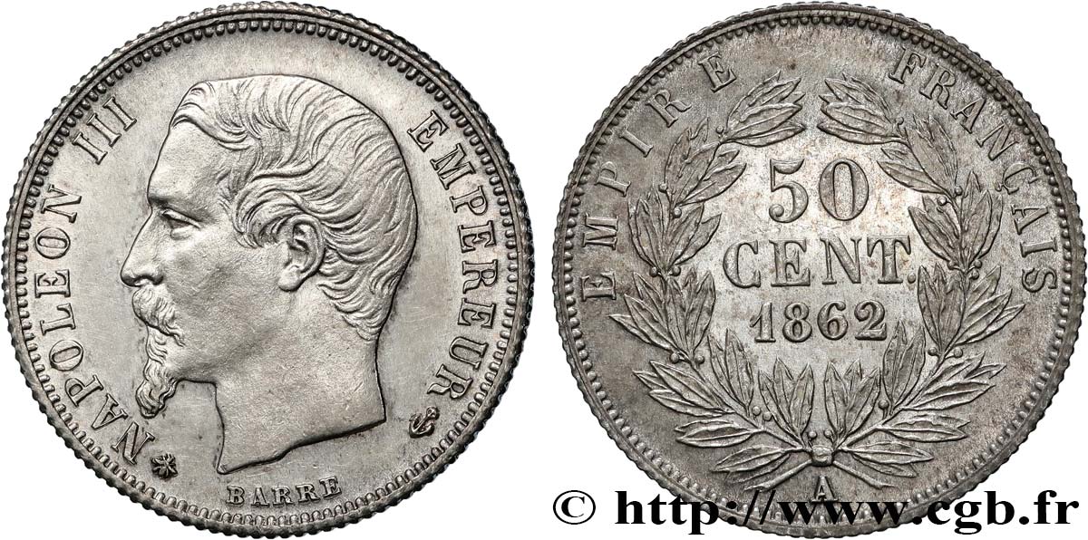 50 centimes Napoléon III, tête nue 1862 Paris F.187/16 SUP62 