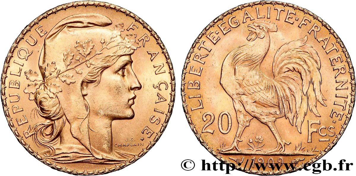20 francs or Coq, Liberté Égalité Fraternité 1909 Paris F.535/3 SUP+ 