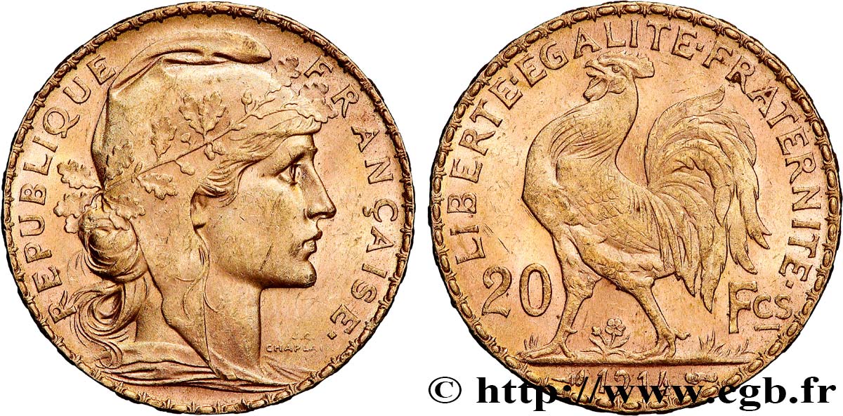 20 francs or Coq, Liberté Égalité Fraternité 1914 Paris F.535/8 SUP 
