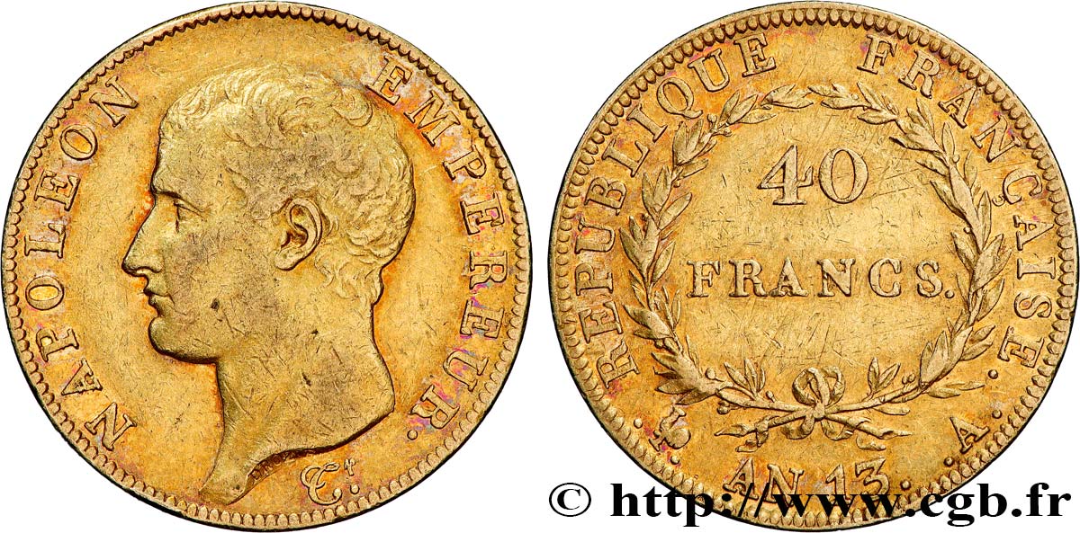 40 francs or Napoléon tête nue, Calendrier révolutionnaire 1805 Paris F.537/1 TB+ 