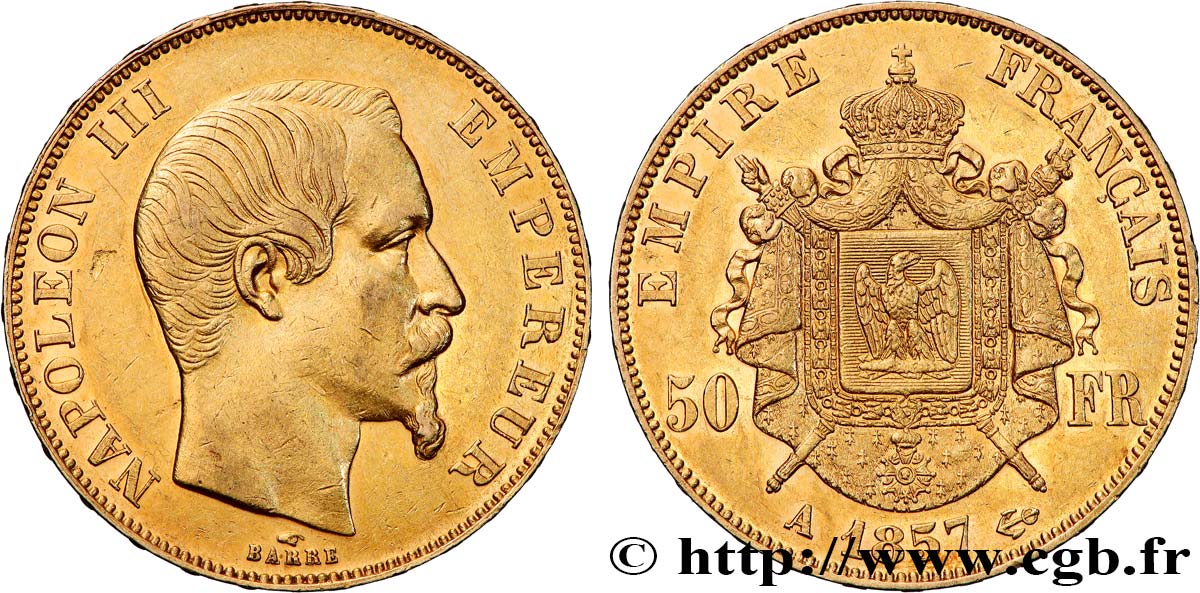 50 francs or Napoléon III, tête nue 1857 Paris F.547/4 VZ55 