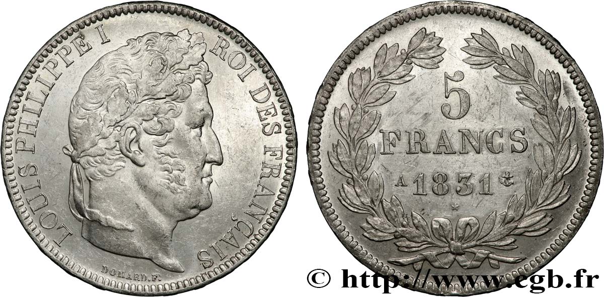 5 francs Ier type Domard, tranche en relief 1831 Paris F.320/1 EBC 