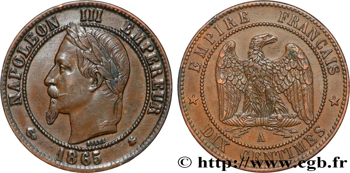 Dix centimes Napoléon III, tête laurée 1865 Paris F.134/16 VZ 