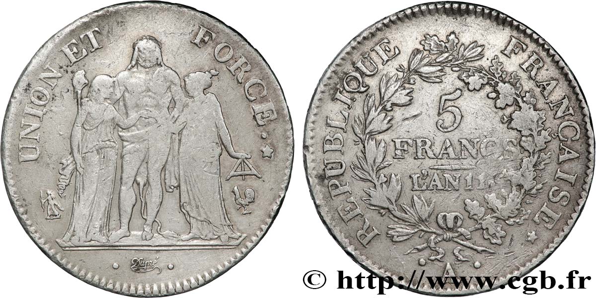 5 francs Union et Force, Union serré, seulement glands intérieurs 1803 Paris F.288/188 TB 