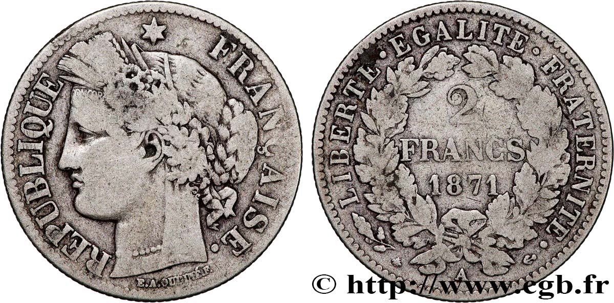 2 francs Cérès, avec légende 1871 Paris F.265/3 VF 