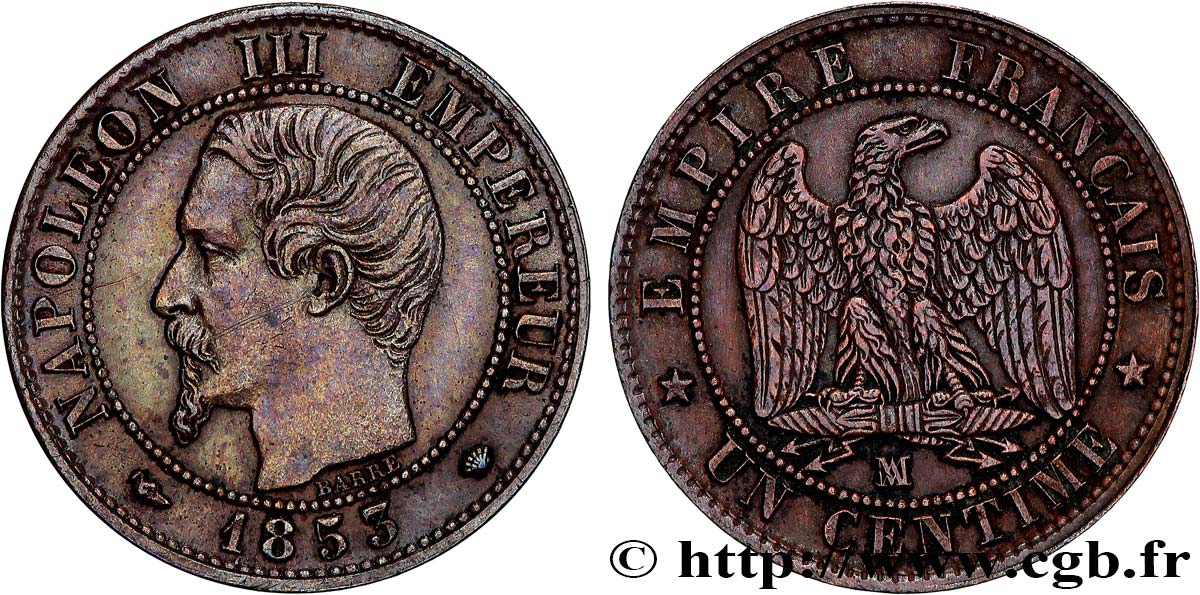 Un centime Napoléon III, tête nue 1853 Marseille F.102/7 AU 