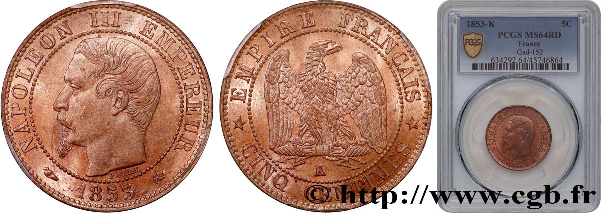 Cinq centimes Napoléon III, tête nue 1853 Bordeaux F.116/5 fST64 PCGS