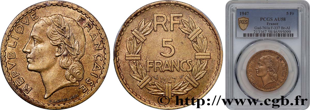 5 francs Lavrillier, bronze-aluminium 1947  F.337/9 AU58 PCGS