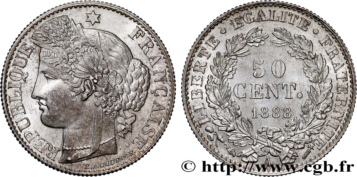 50 centimes Cérès, Troisième République 1888 Paris F.189/13 SC64 