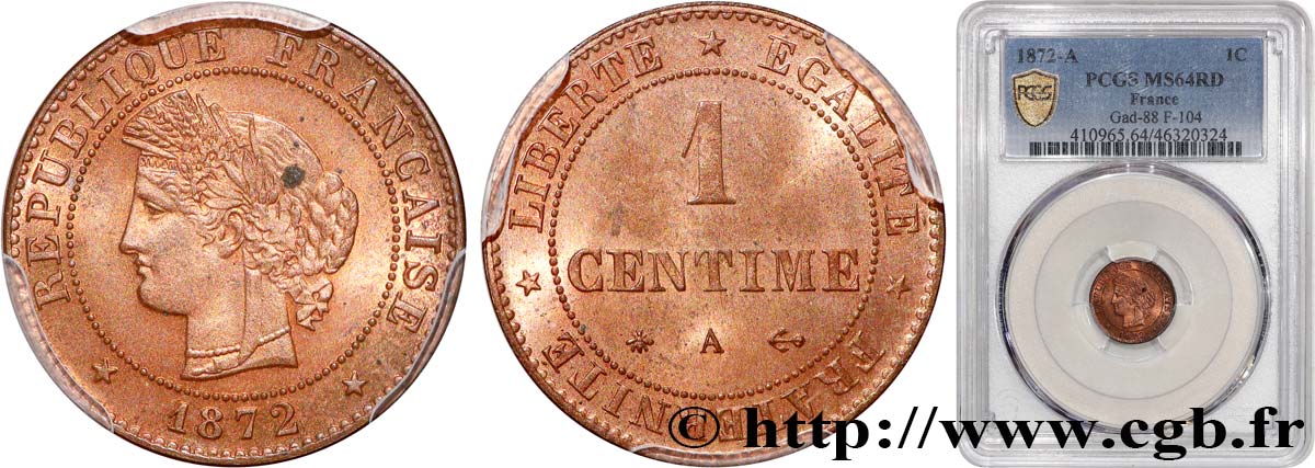 1 centime Cérès 1872 Paris F.104/1 MS64 PCGS