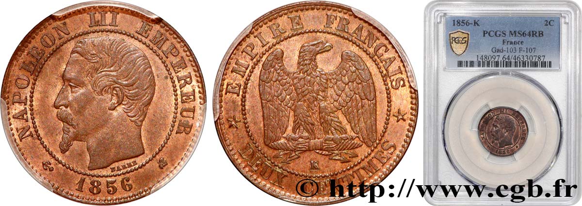 Deux centimes Napoléon III, tête nue 1856 Bordeaux F.107/41 SC64 PCGS