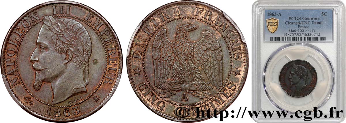 Cinq centimes Napoléon III, tête laurée 1863 Paris F.117/10 VZ+ PCGS