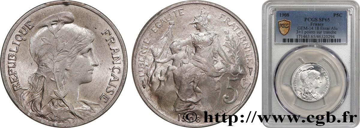 Essai de 5 centimes Daniel-Dupuis, en aluminium 1908 Paris GEM.14 18 MS65 PCGS
