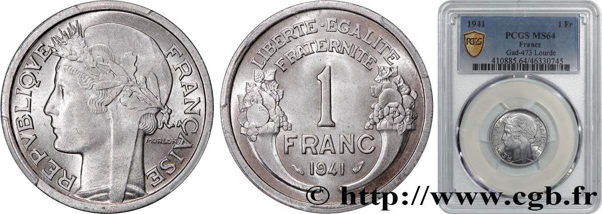1 franc Morlon, lourde 1941 Paris F.220/2 MS64 PCGS