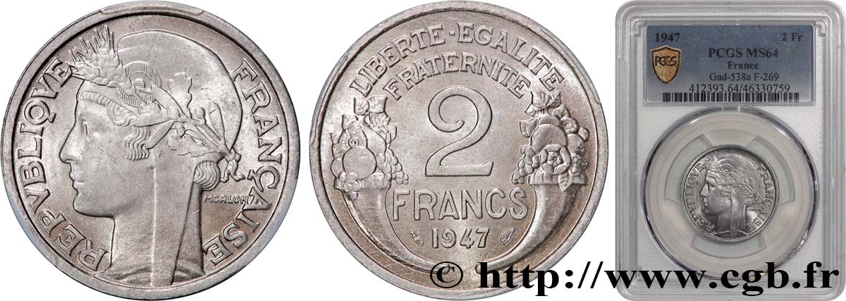 2 francs Morlon, aluminium 1947  F.269/10 fST64 PCGS