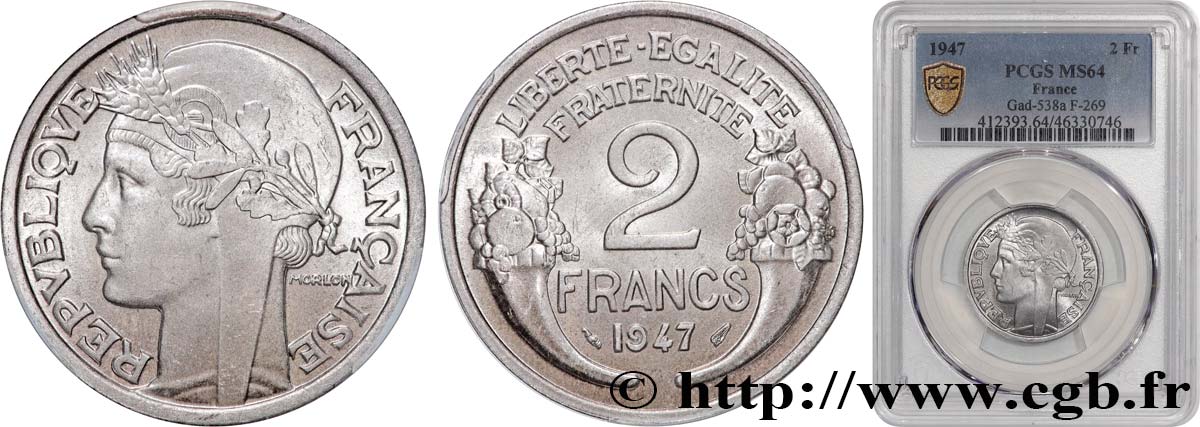 2 francs Morlon, aluminium 1947  F.269/10 MS64 PCGS