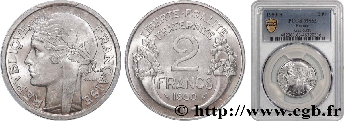 2 francs Morlon, aluminium 1950 Beaumont-Le-Roger F.269/17 MS63 PCGS