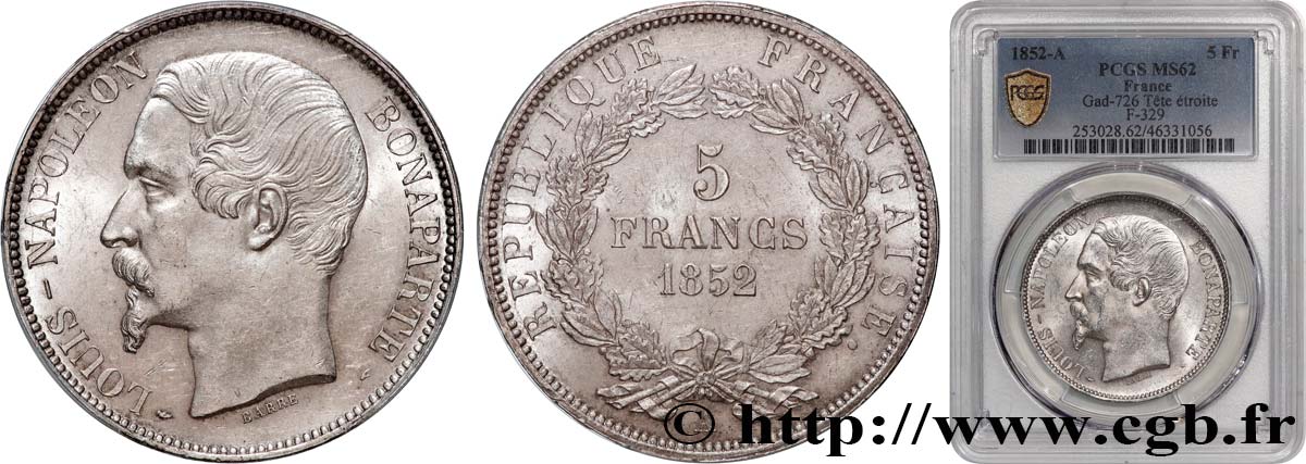 5 francs Louis-Napoléon, 1er type 1852 Paris F.329/1 SPL62 PCGS