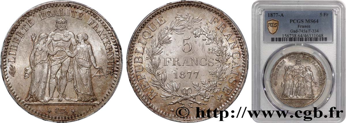 5 francs Hercule 1877 Paris F.334/19 MS64 PCGS