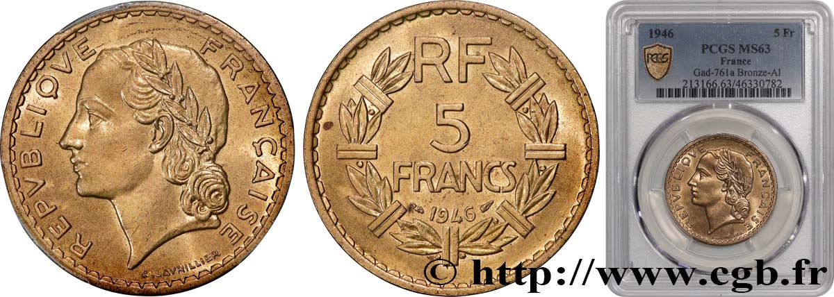 5 francs Lavrillier, bronze-aluminium 1946  F.337/7 fST63 PCGS