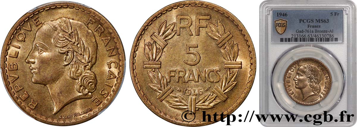 5 francs Lavrillier, bronze-aluminium 1946  F.337/7 MS63 PCGS
