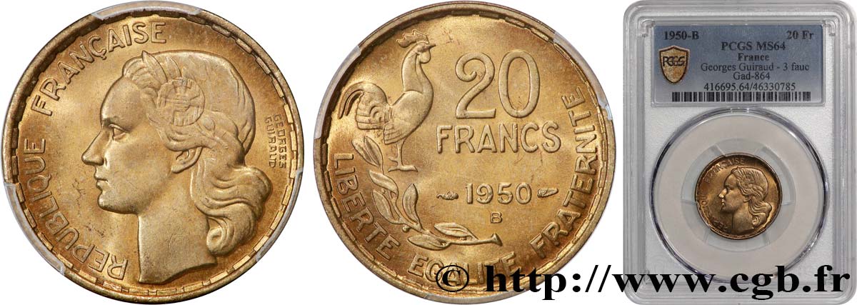 20 francs Georges Guiraud, 3 faucilles 1950 Beaumont-Le-Roger F.401/2 SPL64 PCGS