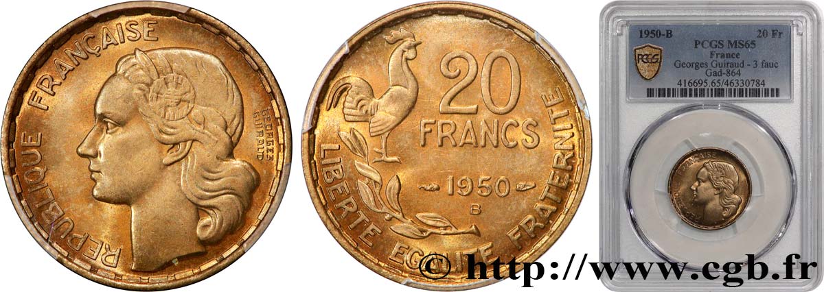 20 francs Georges Guiraud, 3 faucilles 1950 Beaumont-Le-Roger F.401/2 ST65 PCGS