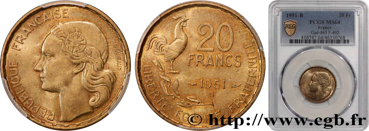 20 francs G. Guiraud 1951 Beaumont-Le-Roger F.402/8 fST64 PCGS