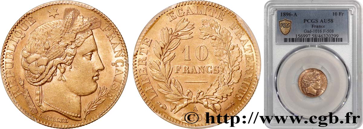 10 francs Cérès, Troisième république 1896 Paris F.508/4 SPL58 PCGS