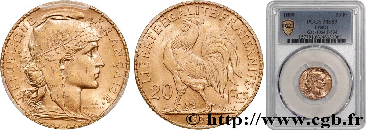 20 francs or Coq, Dieu protège la France 1899 Paris F.534/2 fST63 PCGS