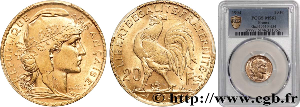 20 francs or Coq, Dieu protège la France 1904 Paris F.534/9 SPL61 PCGS