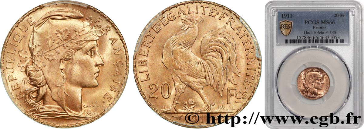 20 francs or Coq, Liberté Égalité Fraternité 1911 Paris F.535/5 ST66 PCGS