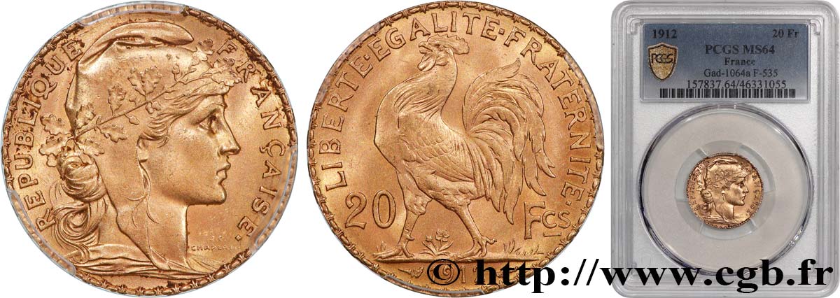 20 francs or Coq, Liberté Égalité Fraternité 1912 Paris F.535/6 SPL64 PCGS