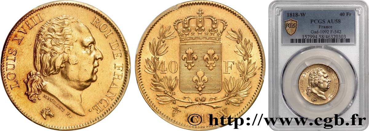 40 francs or Louis XVIII 1818 Lille F.542/8 SUP58 PCGS