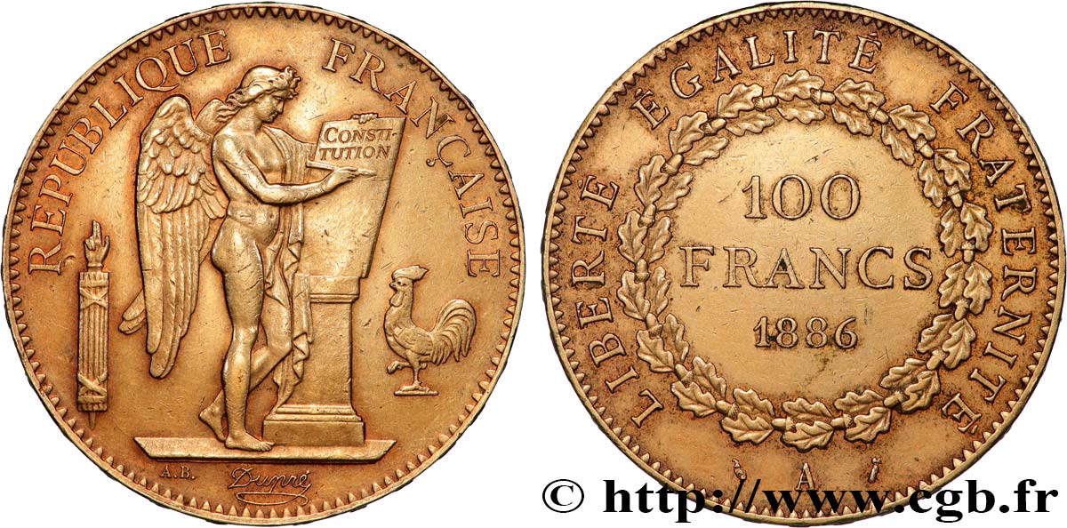 100 francs or Génie, tranche inscrite en relief Dieu protège la France 1886 Paris F.552/7 MBC+ 