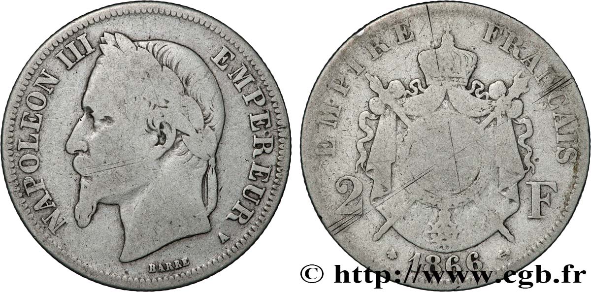 2 francs Napoléon III, tête laurée 1866 Paris F.263/2 VG 