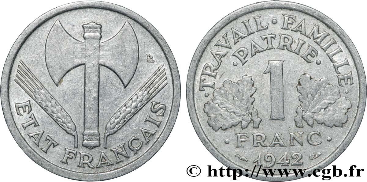 1 franc Francisque, lourde 1942 Paris F.222/3 XF40 