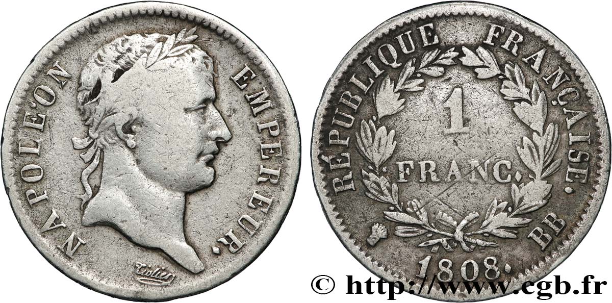 1 franc Napoléon Ier tête laurée, République française 1808 Strasbourg F.204/4 S 