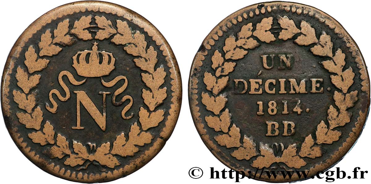 Un décime à l’N couronnée 1814 Strasbourg F.131/3 TB25 