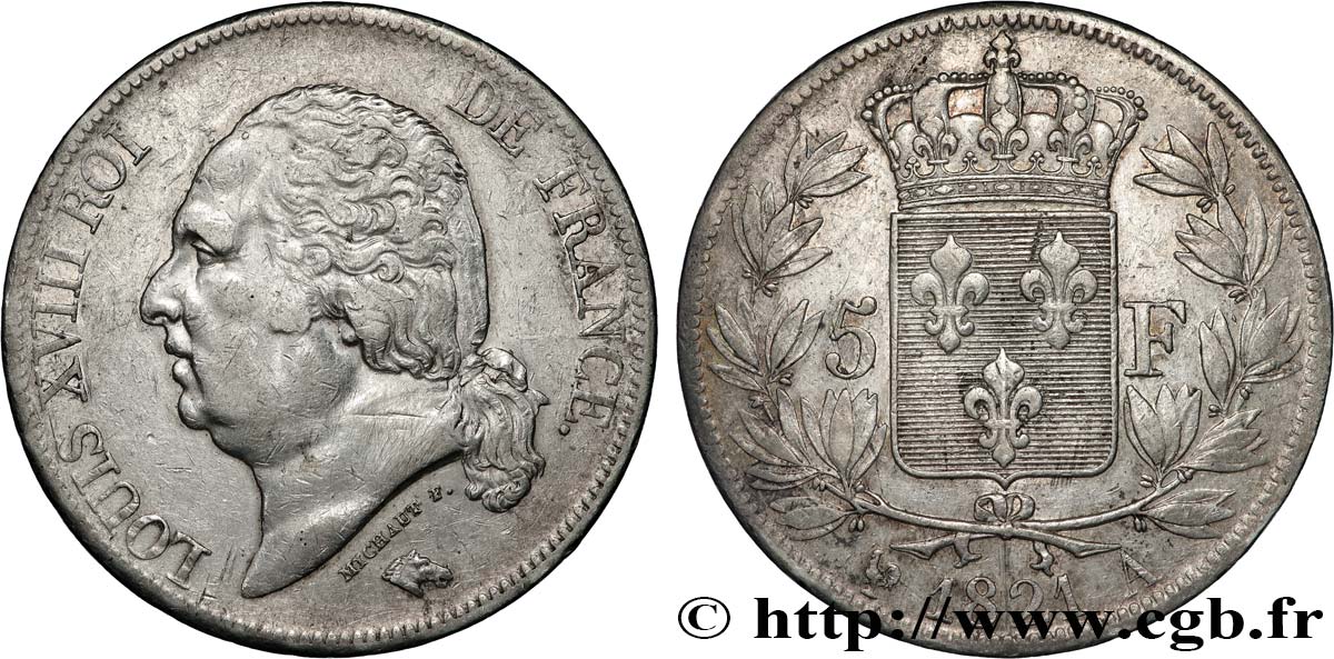 5 francs Louis XVIII, tête nue 1821 Paris F.309/60 TTB 