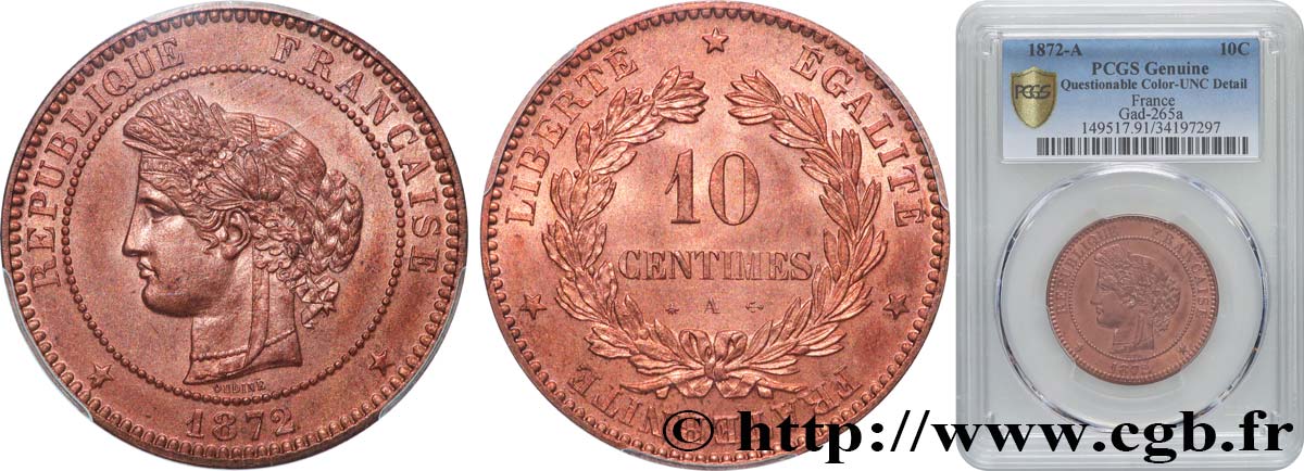 10 centimes Cérès 1872 Paris F.135/8 SUP+ PCGS