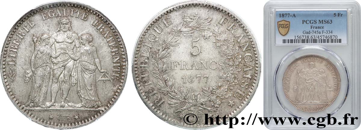 5 francs Hercule 1877 Paris F.334/19 SC63 PCGS