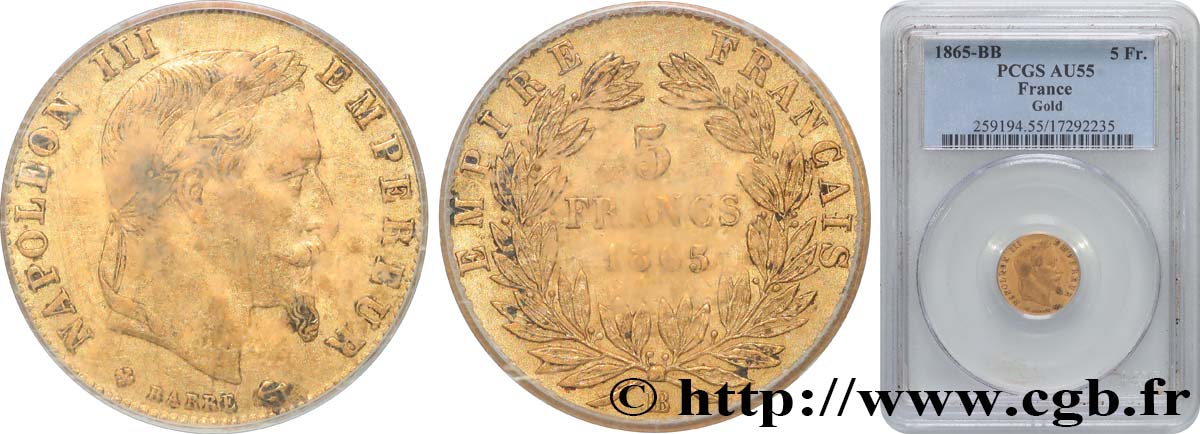 5 francs or Napoléon III, tête laurée 1865 Strasbourg F.502/8 AU55 PCGS