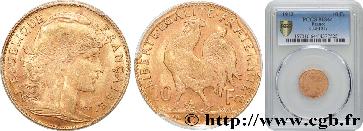 10 francs or Coq 1912 Paris F.509/13 SPL64 PCGS